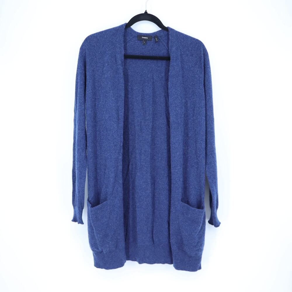 Theory 100% Cashmere Open Long Line Cardigan Blue Fitted Sleeve Women's S